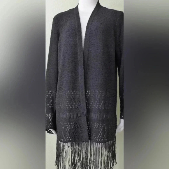 MICHAEL KORS Crochet Fringe Open Front Cardigan  Black Size L - Picture 3 of 7